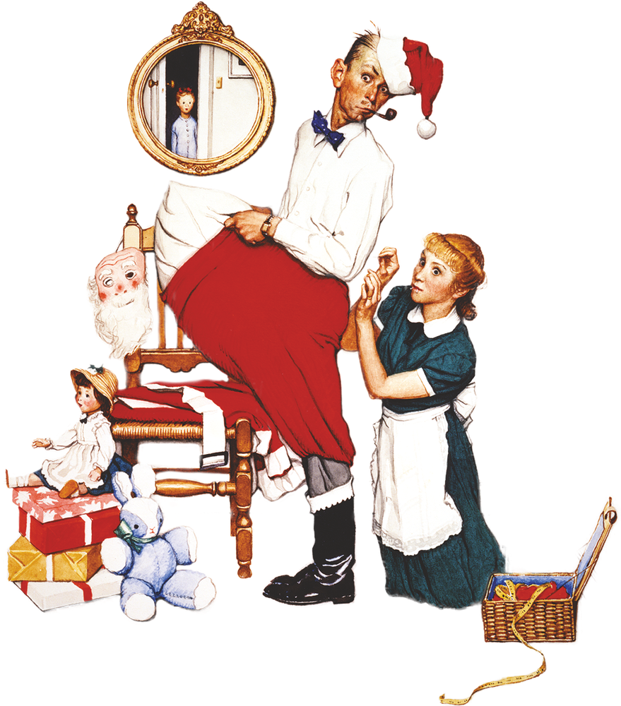 Norman Rockwell holiday illustration of a man in a Santa suit being fitted by a seamstress