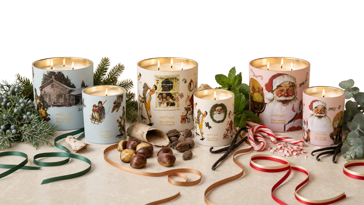The three Norman Rockwell holiday candles: Juniper Birch, Cardamom Chestnut and Peppermint Taffy